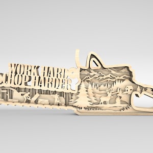 Motosega multistrato in formato SVG, cartello 3D a strati "Work Hard Chop Harder" in formato SVG, file di taglio laser "Lumberjack Forest", arredamento rustico per baite, file SVG di Glowforge