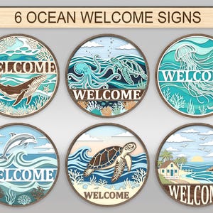 May include: Six wooden ocean-themed welcome signs. Each circular sign depicts a different marine scene, such as a whale, octopus, jellyfish, dolphin, sea turtle, and a lighthouse. The word "WELCOME" is displayed on each sign. The signs are made of wood.