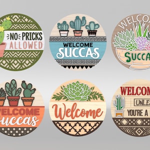 Letrero redondo de suculentas SVG, suculentas SVG, letrero de bienvenida de cactus SVG, colgador de puerta de bienvenida de succas SVG, archivos SVG de Glowforge, archivos cortados con láser
