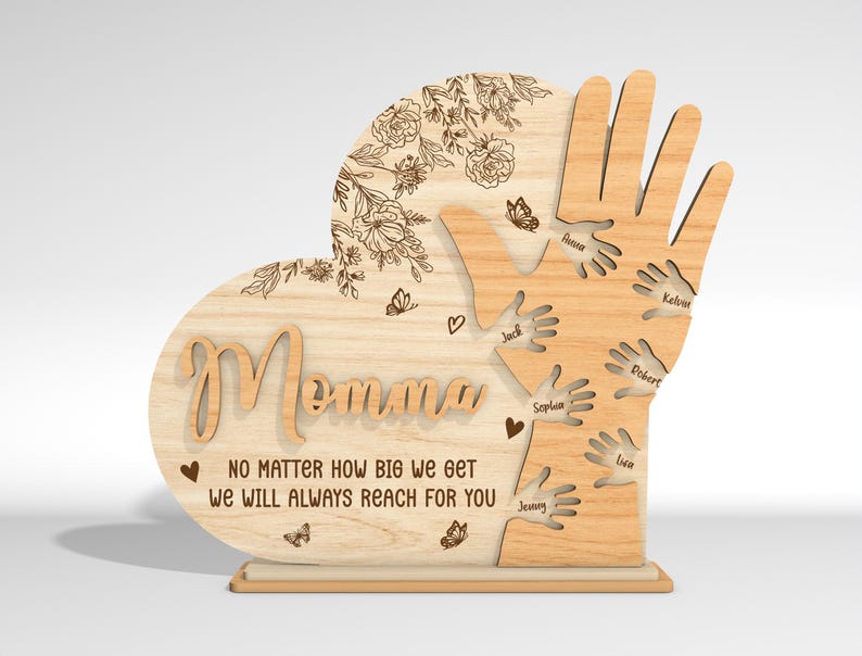 May include: Wooden heart-shaped sign with the word "Momma" and the text "No matter how big we get we will always reach for you". The heart is surrounded by handprints with names written on each handprint.