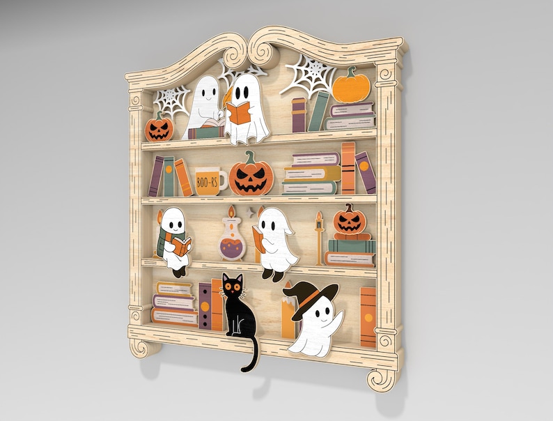 May include: Wooden Halloween-themed bookshelf with carved details. Features ghosts, pumpkins, books, a black cat, and a witch hat. The bookshelf has multiple shelves with decorative elements, perfect for seasonal decor.