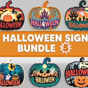 Puede incluir: Un conjunto de cinco letreros con temática de Halloween con forma de calabaza. Cada letrero presenta diseños en capas con elementos espeluznantes como casas encantadas, fantasmas y calabazas. Los letreros son de varios colores, incluyendo naranja, negro y turquesa.