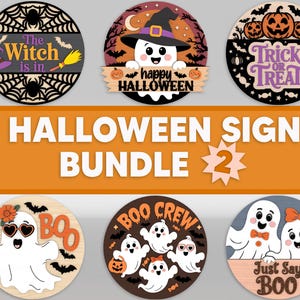 Bundle SVG pour porte d'entrée Halloween, accroche-porte fantôme mignon svg, sorcière drôle signe fichiers découpés au Laser, signe rond effrayant svg, fichiers svg Glowforge