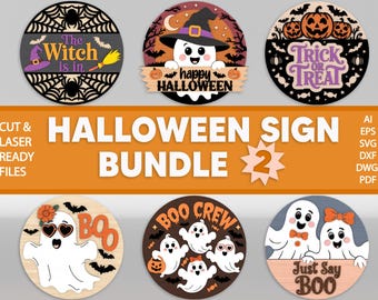 ハロウィンドアサインSVGバンドル、かわいいゴーストドアハンガーSVG、面白い魔女サインレーザーカットファイル、不気味な丸型サインSVG、Glowforge SVGファイル