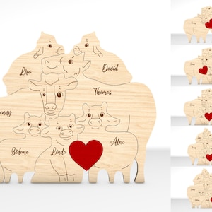 Puzzle personalizzato famiglia mucca SVG, pezzi puzzle mucca svg, regali festa del papà svg, festa della mamma svg, file Glowforge svg, file tagliati al laser