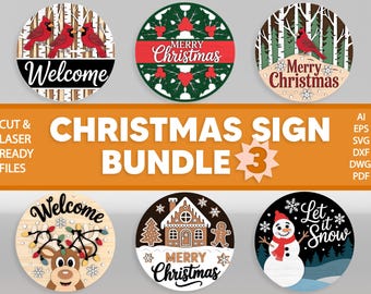 Kerst deur teken SVG-bundel, rendier, sneeuwpop, kardinaal vogel, Gingerbread House welkomstbord lasergesneden bestanden, Cricut, Glowforge svg-bestanden