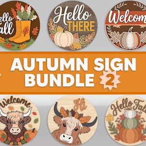 Paquete SVG de letrero de puerta de otoño 2, letrero de bienvenida de otoño, Hola otoño, Vaca de las Tierras Altas, Percha de puerta redonda de calabaza, Decoración de otoño, Archivos SVG de Glowforge