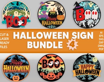 Zestaw Halloween Door Sign SVG, Słodka dekoracja ścienna z dynią Ghost Witch, Wielowarstwowe pliki Boo i Happy Halloween Laser Cut, pliki Glowforge SVG