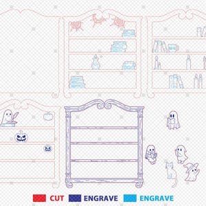 May include: Line art design of several bookshelves with Halloween-themed decorations and cut-out elements. The design includes pumpkins, ghosts, books, and a cat. The image also features the words "CUT", "ENGRAVE", and "ENGRAVE" in red, blue, and light blue.