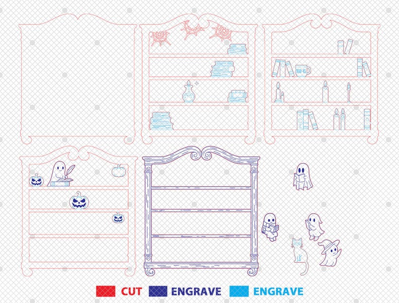 May include: Line art design of several bookshelves with Halloween-themed decorations and cut-out elements. The design includes pumpkins, ghosts, books, and a cat. The image also features the words "CUT", "ENGRAVE", and "ENGRAVE" in red, blue, and light blue.