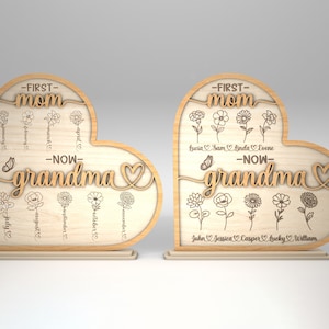 Personalisierter Geburtsmonat Blumen Herz Stand Decor SVG, erste Mom jetzt Oma svg, Geschenk für Mutter, Muttertagsgeschenke svg, Glowforge svg-Dateien