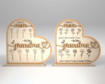 Personalized Birth Month Flowers Heart Stand Decor SVG, First Mom Now Grandma svg, Gift for Mom, Mothers Day Gifts svg, Glowforge svg files