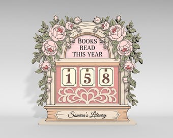 Letrero personalizado de "Libros leídos este año" cortado con láser, letrero floral de registro de lectura SVG, regalo para amantes de los libros, decoración de biblioteca, archivos SVG de Glowforge
