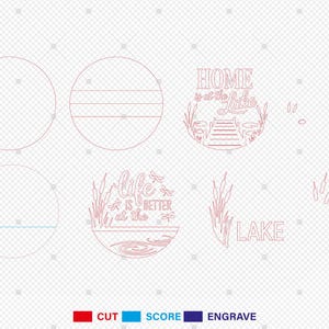 Pode incluir: Designs cortados a laser com texto e imagens com tema de lago. Inclui as frases "Home is at the Lake" e "Life is better at the lake", juntamente com elementos decorativos como juncos e um cais.
