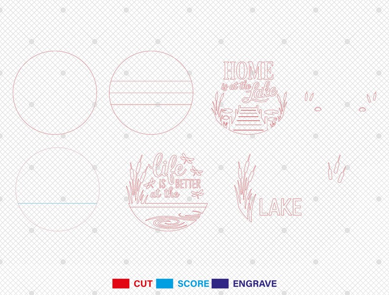 Pode incluir: Designs cortados a laser com texto e imagens com tema de lago. Inclui as frases "Home is at the Lake" e "Life is better at the lake", juntamente com elementos decorativos como juncos e um cais.