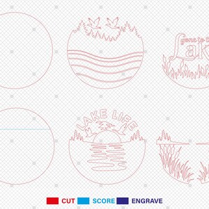 Pode incluir: Uma cole&ccedil;&atilde;o de designs cortados a laser com imagens tem&aacute;ticas de lagos. Os designs incluem texto que diz "Gone to the Lake" e "Lake Life", juntamente com ilustra&ccedil;&otilde;es de &aacute;rvores, p&aacute;ssaros, &aacute;gua e juncos. A imagem tamb&eacute;m inclui etiquetas codificadas por cores para cortar, marcar e gravar.