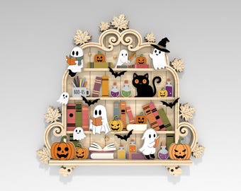 Meerlaagse Halloween-boekenplank SVG, schattige geesten, drankjes, Black Cat & Pumpkins bibliotheek svg, 5 lagen kunstwerk voor Glowforge, lasergesneden bestand