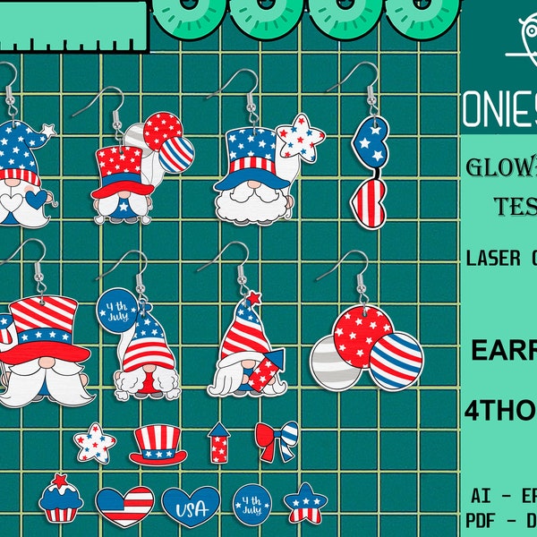 Patriotic Gnome Earrings Svg Bundle, Patriotic Stud Earrings svg, 4th of July svg, Independence Day svg, Laser cut files,Glowforge SVG Files