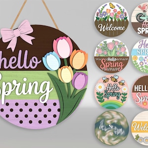 Pacote de arquivos SVG para placa de porta "Olá Primavera", com margaridas, tulipas e outras flores da primavera. Arquivos para corte a laser, compatíveis com Cricut, Xtool e Glowforge.