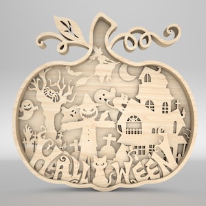 May include: A wooden pumpkin-shaped Halloween decoration with a cut-out design featuring a haunted house, a scarecrow, a ghost, a spider, and the words "Happy Halloween".