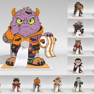 Op de afbeelding: Een verzameling Halloween-toiletpapierhouders. De belangrijkste houder toont een paars monster met een oranje hoodie. Andere ontwerpen zijn een mummie, een vampier en een heks. Elke houder is ontworpen om een rol toiletpapier te bevatten.