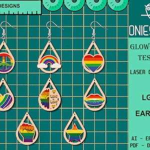 May include: Eight designs for laser cut LGBT earrings. Each earring is a teardrop shape with a different rainbow-themed design, including a peace sign, a rainbow, a heart, a sunflower, lips, a fist, and a star.