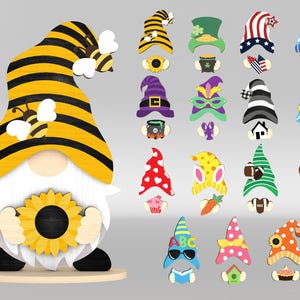 Austauschbare Gnome Decor SVG, saisonale Gnome Zeichen Laser geschnitten Dateien, Biene, Weihnachten, Ostern, Halloween Gnome SVG, Glowforge svg