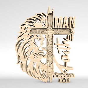 May include: Wooden wall art featuring a lion's head with a cross and the text "The Man of the Lion" and "1 Corinthians 16:13".