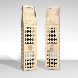 May include: Two wooden wine bottle holders with a handle at the top. The holders have a diamond-shaped cut-out design and the text "Wine because it's always happy". The holders are made of light-colored wood.