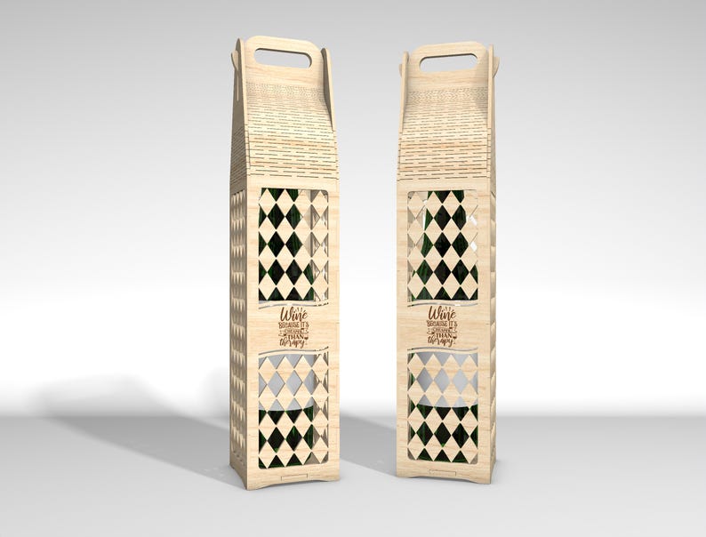 May include: Two wooden wine bottle holders with a handle at the top. The holders have a diamond-shaped cut-out design and the text "Wine because it's always happy". The holders are made of light-colored wood.