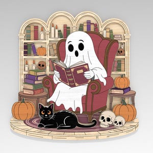 Puede incluir: Decoración de Halloween de madera que representa un fantasma de dibujos animados leyendo un libro en un sillón rojo. También se representan un gato negro, calabazas, calaveras y una estantería. El diseño tiene un tema caprichoso y espeluznante.
