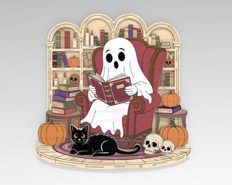Multilayer Ghost Reading in Haunted Library SVG,Shelf with Cat & Skulls, Book Nook Scene svg,5 Layer Art Piece for Glowforge,Laser cut files