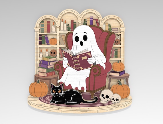Multilayer Ghost Reading in Haunted Library SVG,Shelf with Cat & Skulls, Book Nook Scene svg,5 Layer Art Piece for Glowforge,Laser cut files