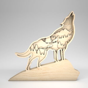 May include: A wooden sculpture of a wolf howling at the moon. The wolf is cut out, revealing a forest scene with trees, mountains, and a full moon.