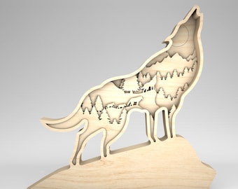 Multilayer Wolf Scene Art svg, 3D Layered Wolf Art svg, Wolf svg, 9 Layer Art Piece for Glowforge, Laser cut files