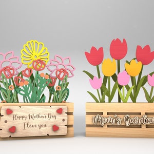 母の日フラワーボックス レーザーカット SVG、チューリップボックス svg、ワイルドフラワーボックス svg、お母さんへのギフト、母の日ギフト svg、Glowforge svg ファイル、レーザーカット ファイル