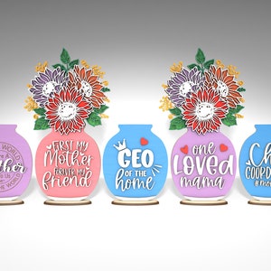 Girasoles y jarrón del Día de las Madres con soporte SVG, Regalo para mamá, Día de las Madres svg, Regalos del Día de las Madres svg, Archivos svg Glowforge, Archivos cortados con láser