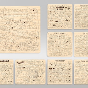 Può includere: Una collezione di dieci puzzle quadrati in legno con illustrazioni incise al laser di dinosauri, mostri, trasporti, animali della foresta, gatti, animali marini, animali da safari, cani e animali da fattoria, ciascuno etichettato con il tema.
