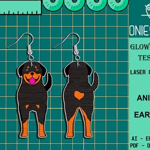 May include: A pair of laser cut wooden earrings featuring a Rottweiler dog design. The earrings are black with orange accents and have a heart shape on the back. The earrings are designed for use with a Glowforge laser cutter.