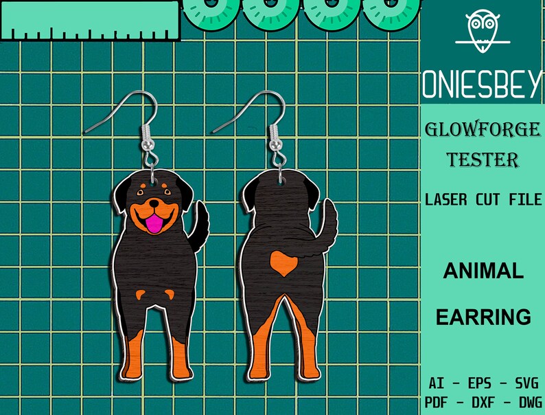 May include: A pair of laser cut wooden earrings featuring a Rottweiler dog design. The earrings are black with orange accents and have a heart shape on the back. The earrings are designed for use with a Glowforge laser cutter.