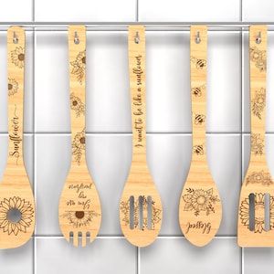 Colheres de madeira de girassol svg, amantes de girassol svg, presente de cozinha, citações de gravura de colher SVG, presente para mãe, arquivos svg Glowforge, arquivos cortados a laser