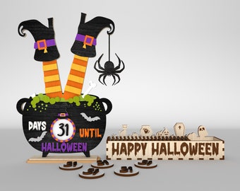Staande aftellen Halloween heks ketel svg, dagen tot Halloween svg, Halloween svg, heks schoenen svg, Glowforge svg-bestanden, lasergesneden bestanden