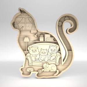 Wielowarstwowa sztuka sceny kota svg, 3D warstwowa sztuka kotka svg, słodki kot svg, 7-warstwowy element sztuki dla Glowforge, pliki cięte laserowo