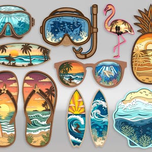 Meerlaagse zomerstrand SVG-bundel, 3D gelaagde oceaan surfen tropische bestanden, slippers zonnebril flamingo lasergesneden bestand, Glowforge Cricut SVG