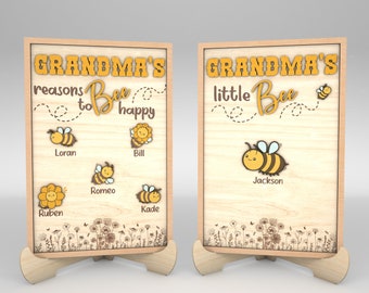 Op de afbeelding: Twee houten borden met een bij-thema. Het linker bord zegt "Oma's redenen om gelukkig te zijn" en heeft vijf bijen met namen eronder. Het rechter bord zegt "Oma's kleine bij" en heeft één bij met een naam eronder.