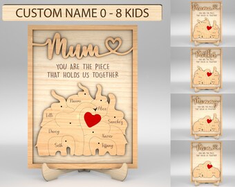 Gepersonaliseerde Moederdag puzzel teken SVG, olifant familie puzzel SVG, cadeau voor moeder, moederdag geschenken SVG, Glowforge SVG-bestanden, lasergesneden bestanden