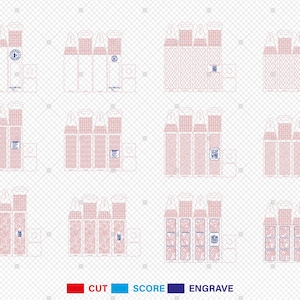 May include: A grid of twelve packaging design templates, each with a unique pattern. The designs are primarily pink and white, with red lines indicating cuts, blue lines for scores, and blue areas for engraving. The text "CUT", "SCORE", and "ENGRAVE" are at the bottom.