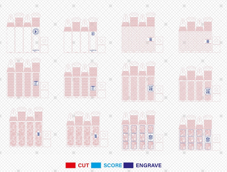 May include: A grid of twelve packaging design templates, each with a unique pattern. The designs are primarily pink and white, with red lines indicating cuts, blue lines for scores, and blue areas for engraving. The text "CUT", "SCORE", and "ENGRAVE" are at the bottom.