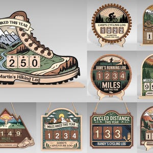 May include: Wooden hiking and cycling logs with various designs. One is a hiking boot with "Martin's Hiking Log" and a counter showing "250 miles." Other designs include cycling and running logs with counters and names.