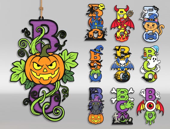 Halloween boo door signs laser cut bundle, 3d halloween door hanger svg, Pumpkin Ghost Bat Witch Monogram, Happy halloween svg, Digital File